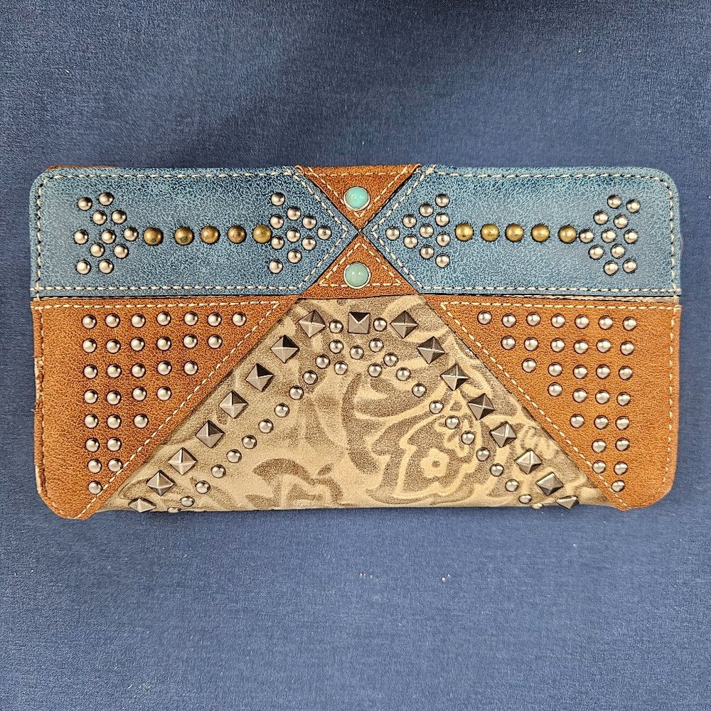 Montana West Trifold Purse Brown Tan Blue Studded Suede Leather